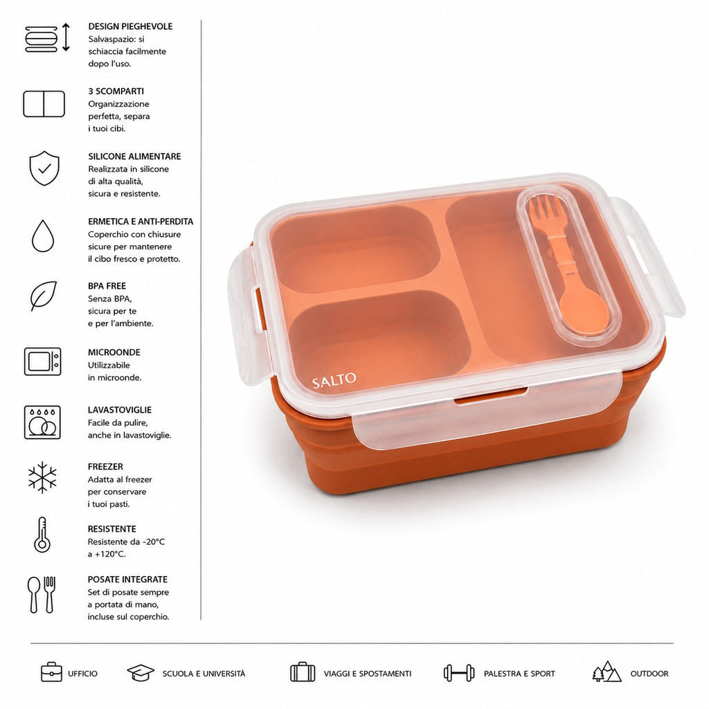 SALTO Magic Lunch Box 3 Comparti - Silicone Lunch Box Pieghevole